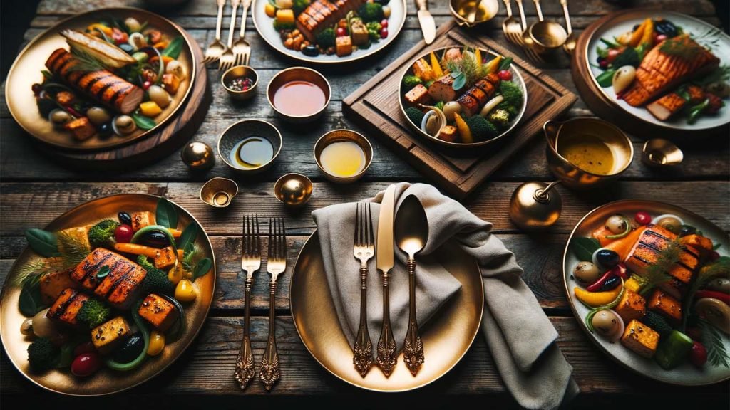 Wide angle shot in 16:9 format of a rustic wooden dining table adorned with dishes of vibrant food. The main attraction is the gold flatware placed next to each dish