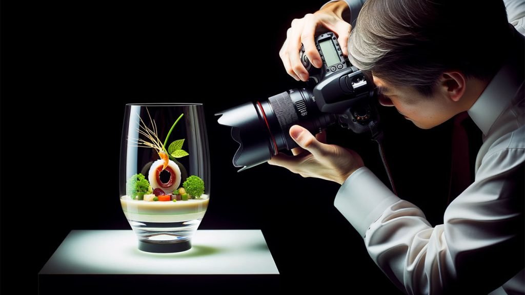Photo in 16:9 format of a photography session in progress: A professional photographer, with a camera in hand, is framing a shot of a tantalizing dish positioned behind a pristine thin-walled glass, highlighting the dish's prominence.